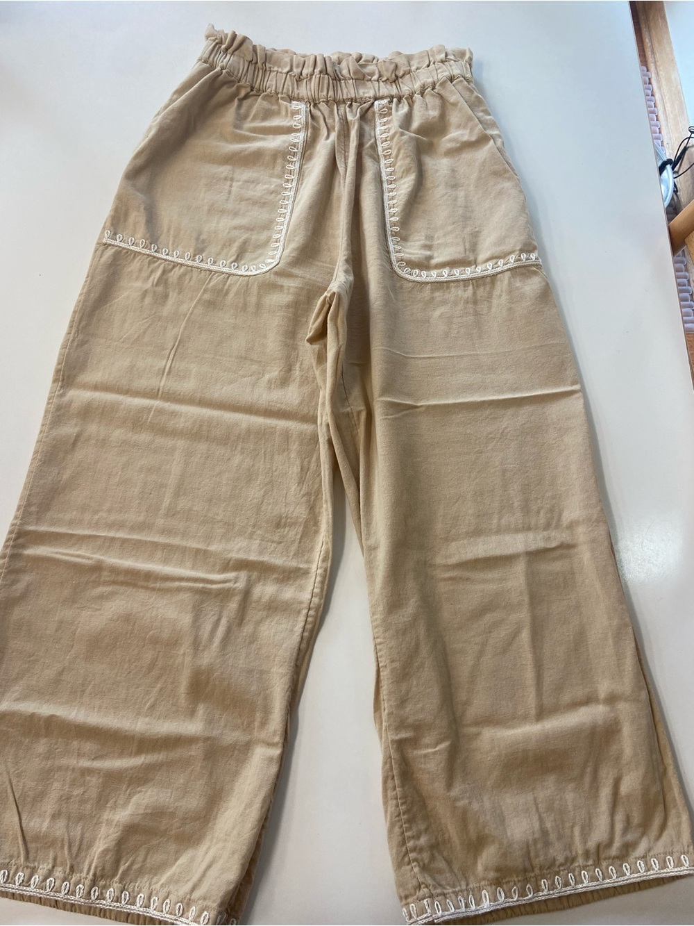 Calligraphie Beige Wide-Leg Cotton/Flax Pants Embroidery never worn women size S